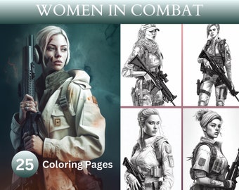 Descarga instantánea: 25 páginas para colorear de mujeres en combate, mujeres fuertes, campo de batalla, libro para colorear para adultos, arte digital, páginas imprimibles