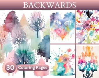 Backwards Coloring Book, 30 Instant Download and Printable PDF Pages, Pastel Colors, Reverse Color, Retro, Watercolors, Mindfulness Activity