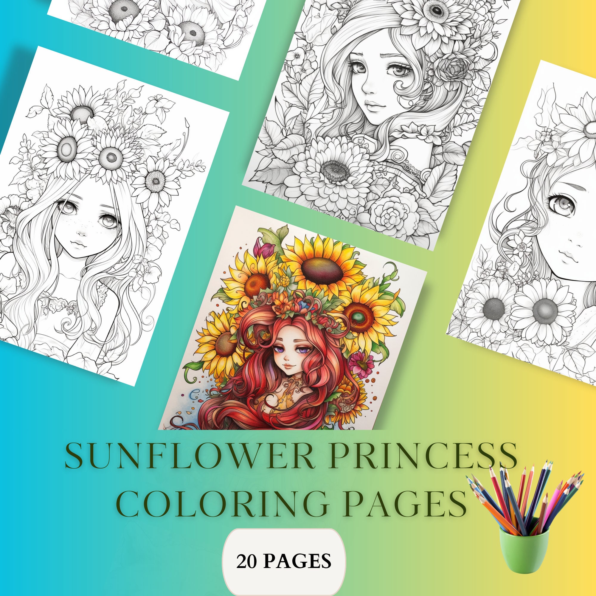 Sunflower Princess Coloring Book, Fantasy, Floral Art, Kawaii, Art ...