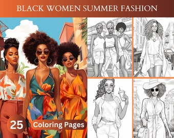 Summer Fashion Coloring Book, Black Women Coloring Pages, Shades Of Elegance, African American Fashion, Black Girls Download & Illustrations