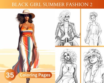 35 Libro para colorear de moda de verano para mujeres negras 2, Moda afroamericana, Páginas para colorear de mujeres elegantes, PDF imprimible, Descarga instantánea