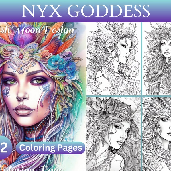 Nyx Goddess Mythological Coloring Book, Fantasy, Celestial Beauty, Digital Art, Adult Coloring Pages, Instant Download, 12 Printable Images