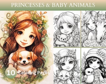 10 Princesses & Baby Animals Coloring Pages, Pet Care, Fantasy, Enchanted, Floral Design, Digital Art, Instant Download, Printable PDF File