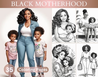 35 libros para colorear sobre la maternidad negra para adultos y niños, páginas para colorear de madres afroamericanas y sus hijos, madres e hijos, PDF imprimible