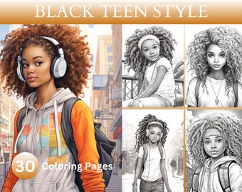 30 Black Teen Style Coloring Book, Afrocentric, Modern Art, Fashion, ClipArt, Artworks, Printable, Digital Downloads, Digital Coloring Pages
