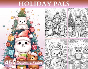45 páginas para colorear navideñas, adorables y acogedoras, libro para colorear de animales navideños para niños, PDF imprimible digital para divertirse y relajarse, descarga instantánea.