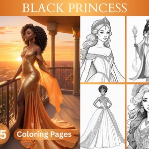 45 Fantasy Black Princess, Queen Women Coloring Book, Afro African Girls Coloring Pages, Grayscale Coloring Book for Adults, Printable PDF