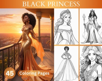 45 páginas para colorear de princesas negras y reinas de fantasía, páginas para colorear de niñas afroafricanas, libro para colorear en escala de grises para adultos, PDF imprimible