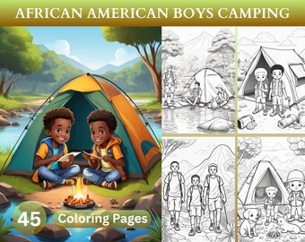 45 African American Boys Camping Adventure Coloring Book, Afro Black Boys Illustrations For Adults and Kids, Printable PDF Coloring Pages