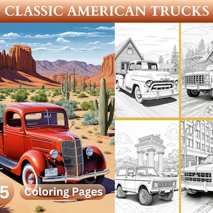 May include: A coloring book featuring 35 pages of classic American trucks. The cover shows a red 1930s pickup truck in a desert landscape with cacti. The book also includes black and white line drawings of trucks in various settings.