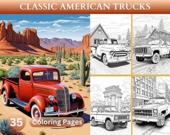 35 Classic American Trucks Coloring Book, 1917-1995 Classic Unique Model, Retro Design, Vintage Trucks, Automotive Art, Instant Download PDF