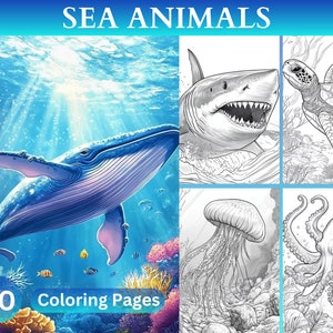 40 Sea Animals Coloring Book, Marine Life, Ocean Creatures, Grayscale coloring pages for Adults And Kids, Instant Download PDF File
