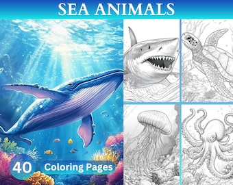 40 Sea Animals Coloring Book, Marine Life, Ocean Creatures, Grayscale coloring pages for Adults And Kids, Instant Download PDF File