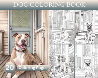 20 Libro para colorear de perros, Esperando en el porche, Razas de perros, Mascotas, Cachorros, Animales, Descarga instantánea, Páginas para colorear imprimibles para amantes de los perros