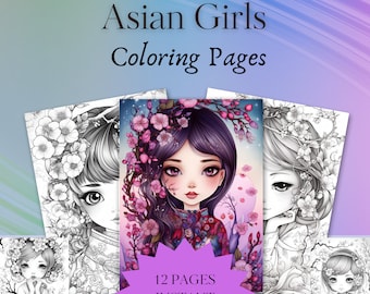 Beautiful Asian Girls  Coloring Book - Kawaii, Fashion, Traditional, Modern Art, Digital Download, Printable PDF, 12 Images Illustrations