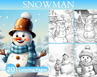 20 muñecos de nieve navideños para colorear, páginas para colorear de invierno, páginas para colorear en escala de grises, descarga instantánea, PDF imprimible para adultos y niños.
