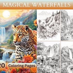 20 magiche cascate da colorare, fiume nella foresta, animali, paesaggi naturali fantasy da colorare, PDF stampabili per bambini e adulti