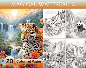 Libro para colorear de 20 cascadas mágicas, ríos forestales, animales, paisajes de naturaleza fantástica, páginas para colorear, PDF imprimible para niños y adultos