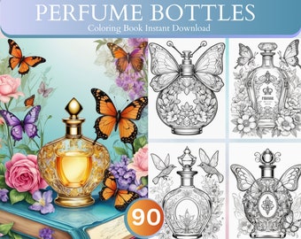 Libro para colorear de 90 botellas de perfume, flores y aromas, páginas para colorear para adultos/niños, libro para colorear vintage, archivo PDF imprimible, descarga instantánea