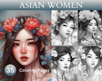 35 Asian Women Coloring Pages, Asian Girls, Florals, Fashion, Artistic Styles, Artwork, Digital Download, Printable PDF, Illustration Images