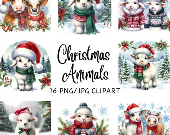 Clipart de animales navideños - 16 JPG y PNG de alta calidad - Manualidades con papel digital - Acuarela - Planificador digital - Ropa - Descarga digital