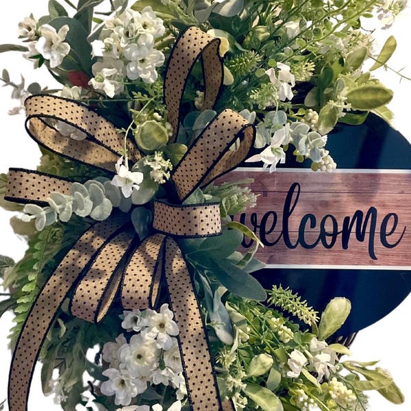 Farmhouse Welcome Wreath for Front Door | Grapevine Silk Flowers Rustic Year Round Spring Summer Decor