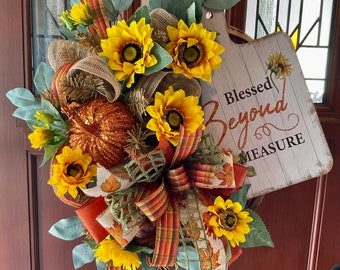 Sunflower Tobacco Basket Wreath, Fall Tobacco Basket Wreath, Sunflower Wreath, Fall Wreath, Autumn Wreath