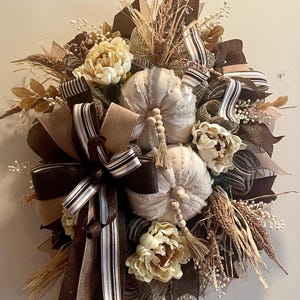 Fall  Neutral Pumpkin Swag Wreath | Beige Canvas Pumpkins & Cream Peonies | Autumn Door Decor | Farmhouse Boho Fall Wreath