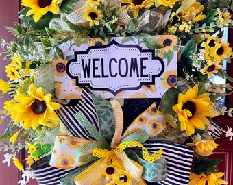 Sunflower Wreath for Front Door, Spring Wreath, Summer Wreath, Welcome Wreath, Spring Decor, Summer Decor, Sunflower Decor