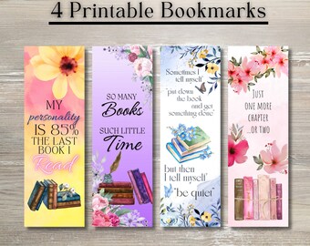 4 Printable Stacked Book Quotes Bookmarks for Book Lovers, Just One More Chapter Watercolor Digital Flowers, for Readers, Gift for Bookworms