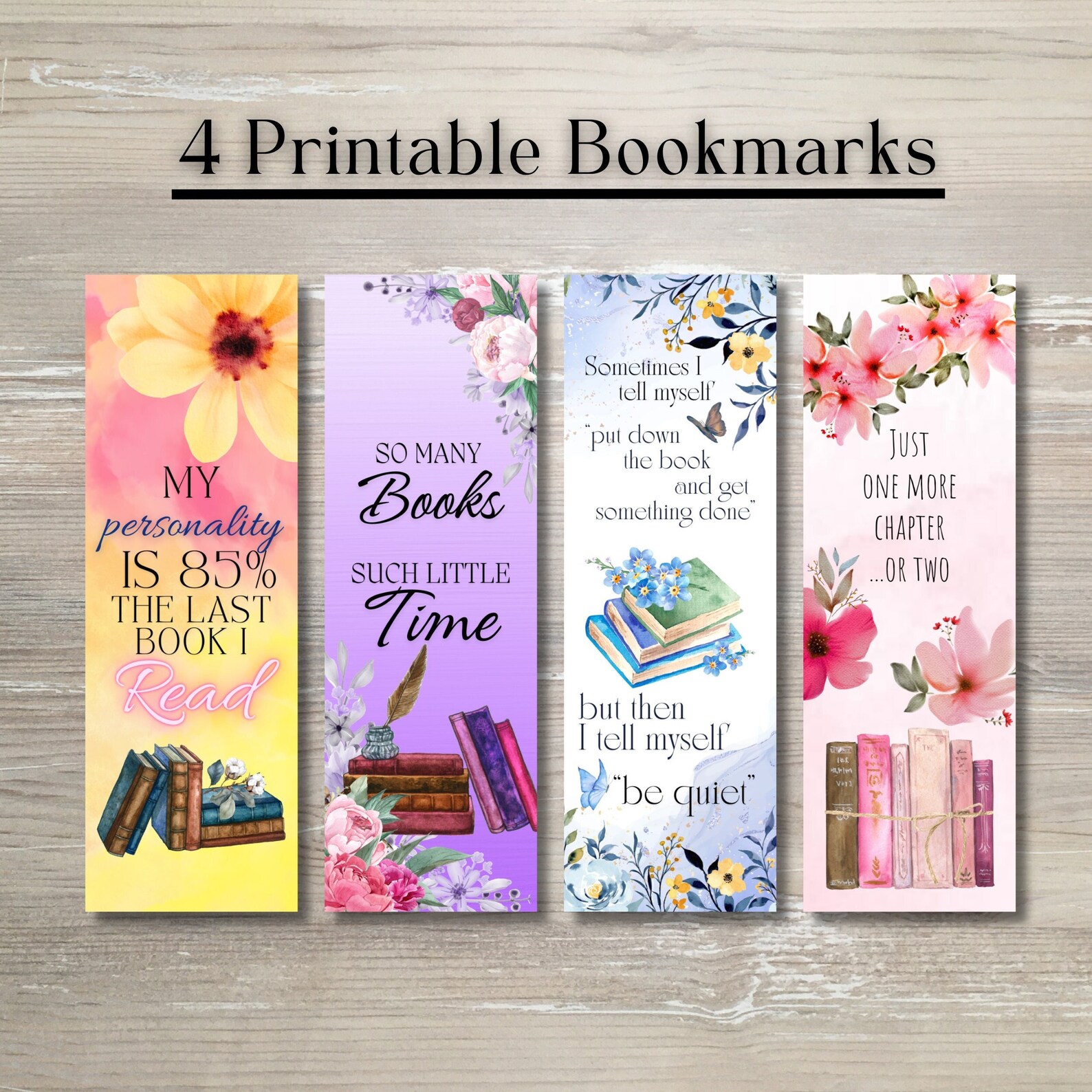 4 Printable Stacked Book Quotes Bookmarks for Book Lovers, Just One ...
