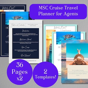 Puede incluir: Dos plantillas imprimibles para un planificador de viajes en crucero MSC para agentes. Las plantillas tienen 36 páginas cada una y presentan un esquema de color azul y blanco con imágenes de un crucero, una puesta de sol y una playa. El texto "What's Next? 1. Final Payment" es visible en la parte superior de las plantillas.