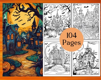 Printable Spooky Haunted House Coloring Book with 104 Pages for Halloween, adult and kids coloring book pages.
