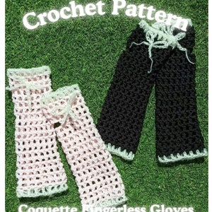 Może przedstawiać: Wzór na szydełkowe rękawiczki bez palców. Wzór zawiera instrukcje do wykonania pary czarnych rękawiczek bez palców i pary różowych rękawiczek bez palców. Każda para ma biały szydełkowy brzeg.