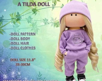 PDF Schnittmuster für Puppe mit Kleidung, weicher Textilpuppenkurs, 30 cm Anziehpuppe, DIY Spielzeug. Tilda Stoffpuppe und Kleidung als PDF Datei