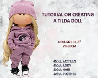 Schnittmuster und Nähanleitung für Tilda 11-12" 28-30 cm Stoffpuppe mit Kleidung im PDF-Format, Vorlage für eine Stoffpuppe mit Haaren und Kleidung