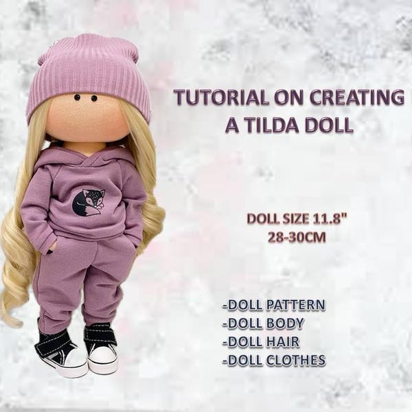 Patterns and tutorial on sewing Tilda 11-12" 28-30 cm rag doll with clothes in PDF format, template for a stuffed doll with hair and clothes