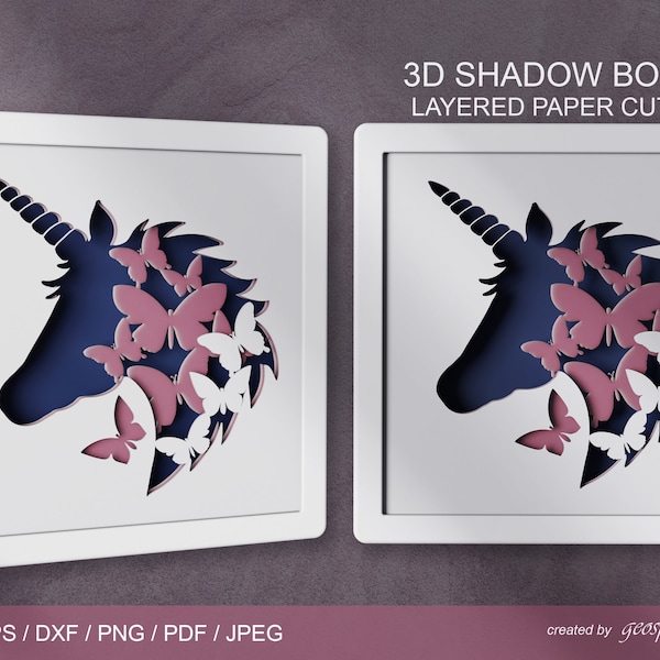 Unicorn 3D Layered papercut SVG / Butterflies Shadow box