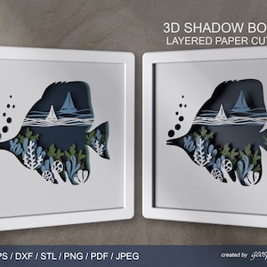 3D Fish Shadow box. Layered papercut Svg / DXF / EPS / AI