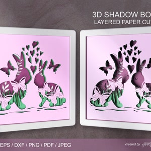 I simpatici coniglietti si innamorano della scatola di carta tagliata a strati personalizzata SVG / 3D Shadow