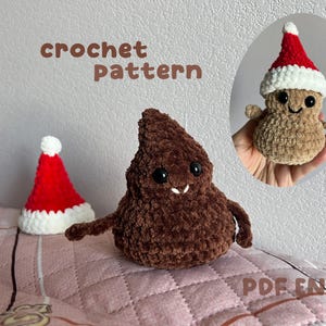 May include: A crocheted brown plushie with a smiling face and small arms, next to a red and white Santa hat. The image also includes a smaller plushie wearing a Santa hat. Text on the image reads "crochet pattern" and "PDF ENG".