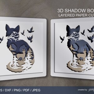 Boîte d’ombre de chat 3D. Papier découpé en couches Svg / DXF / EPS / AI