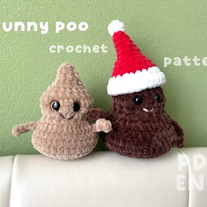 May include: Two plush, crocheted figures shaped like smiling poops. One is light brown, the other is dark brown and wearing a red and white Santa hat. The words "funny poo crochet pattern" are written above the figures.
