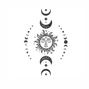 May include: Black and white line art illustration of a sun with a face and a crown of stars, surrounded by a circle of crescent moons.