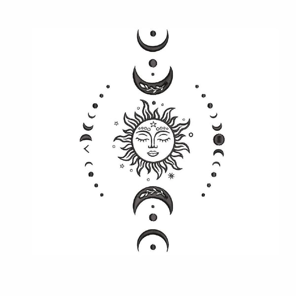 Sun and moon Machine Embroidery Design, moon phase sky Embroidery patterns, mystical  design for shirt, magic moon silhouette , 4 sizes.