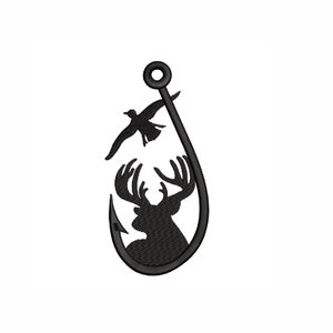 May include: A black silhouette of a deer with antlers inside a fishing hook. A black silhouette of a bird is flying above the deer.