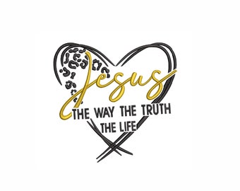 Jesus Embroidery Design: Christian Heart, Leopard Print (Instant Download)