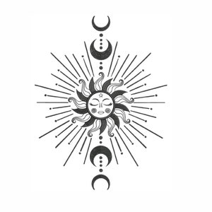 May include: A black and white illustration of a sun with a face and a star on its forehead. The sun is surrounded by rays and there are three crescent moons above and below it.