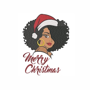 May include: A digital embroidery design featuring a woman with curly black hair wearing a red Santa hat and gold hoop earrings. The text "Merry Christmas" is written in red cursive below the woman.