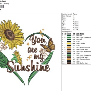 Sunflower Machine Embroidery Design, You are my Sunshine Embroidery patterns , Heart embroidery, 5 sizes. image 4